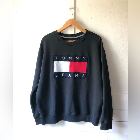 Tommy Hilfiger Tommy Jeans Sweatshirt Crewneck Flag Logo Applique Black Large - Picture 4 of 17